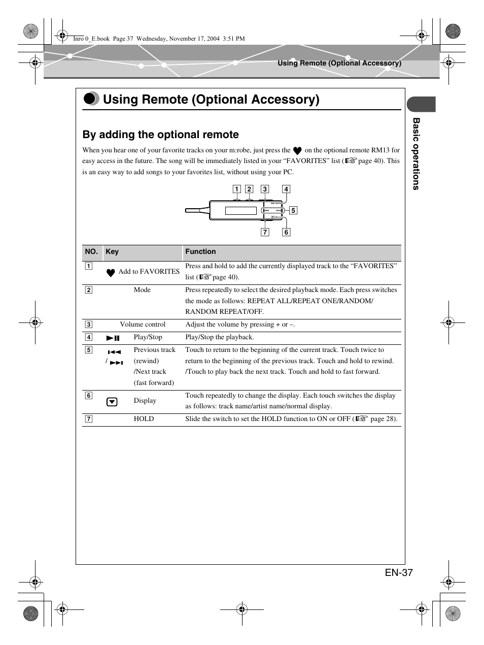 Using remote (optional accessory), By adding the optional remote, En-37 | Olympus m:robe MR-100 User Manual | Page 37 / 180