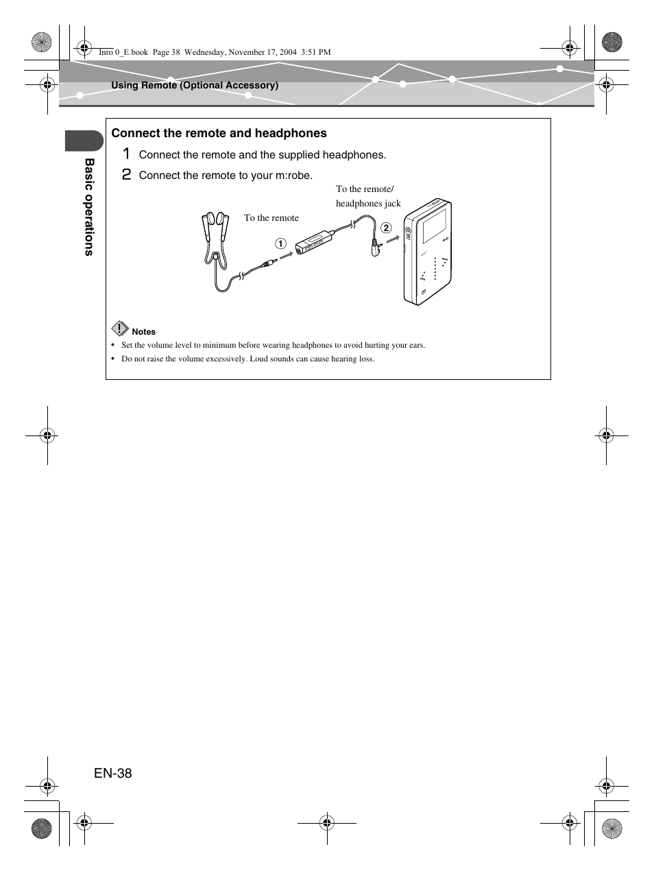 En-38, Bas ic oper a tion s, Connect the remote and headphones | Olympus m:robe MR-100 User Manual | Page 38 / 180