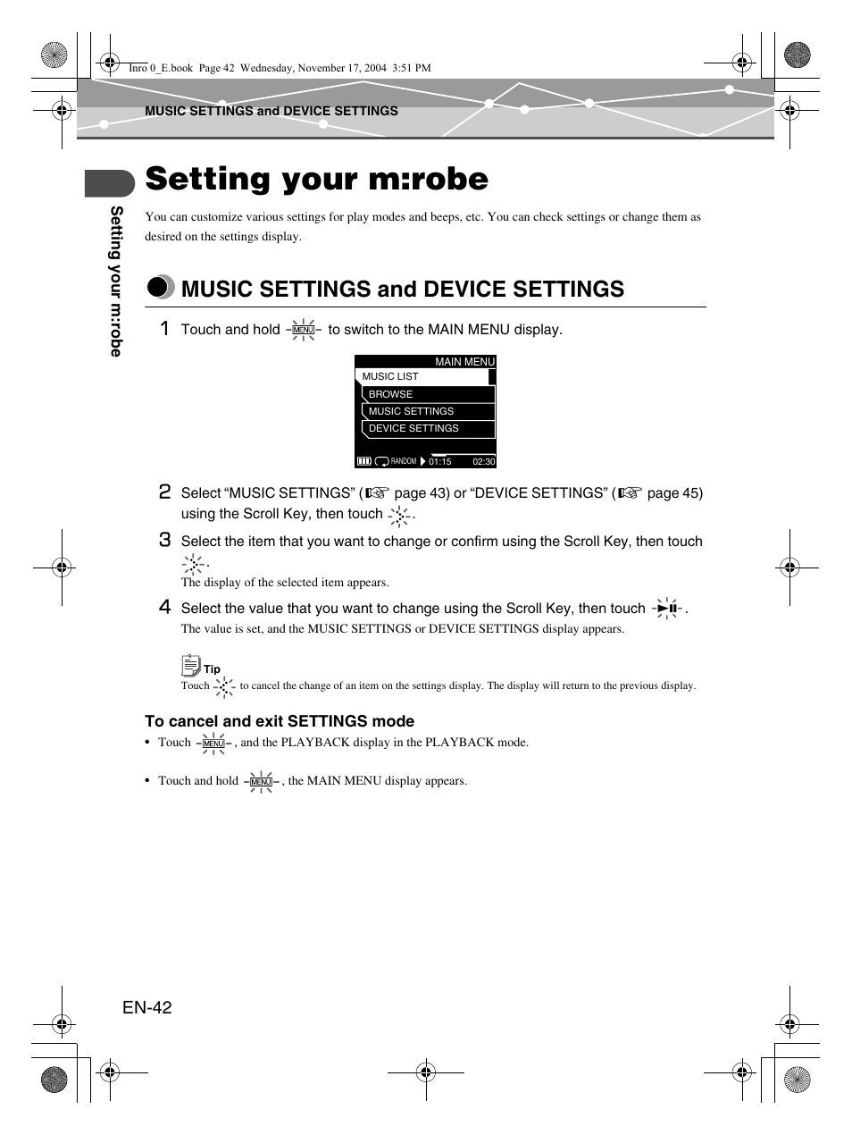 Setting your m:robe, Music settings and device settings, En-42 | Olympus m:robe MR-100 User Manual | Page 42 / 180