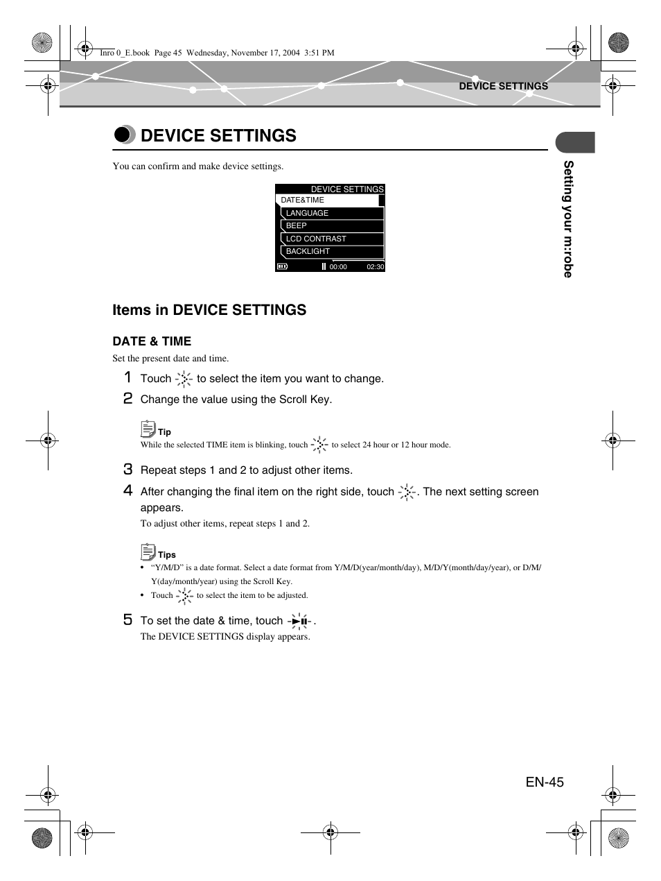 Device settings, Items in device settings, En-45 | Olympus m:robe MR-100 User Manual | Page 45 / 180