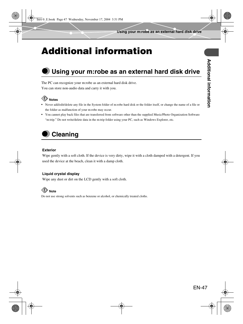 Additional information, Using your m:robe as an external hard disk drive, Cleaning | Olympus m:robe MR-100 User Manual | Page 47 / 180