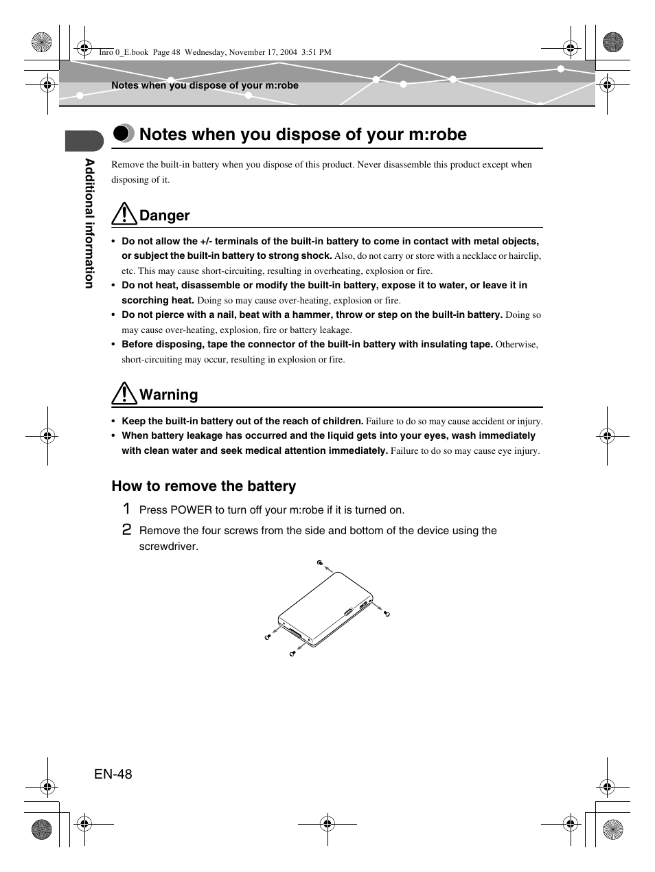 Notes when you dispose of your m:robe, How to remove the battery, Danger | Warning, How to remove the battery 1 | Olympus m:robe MR-100 User Manual | Page 48 / 180