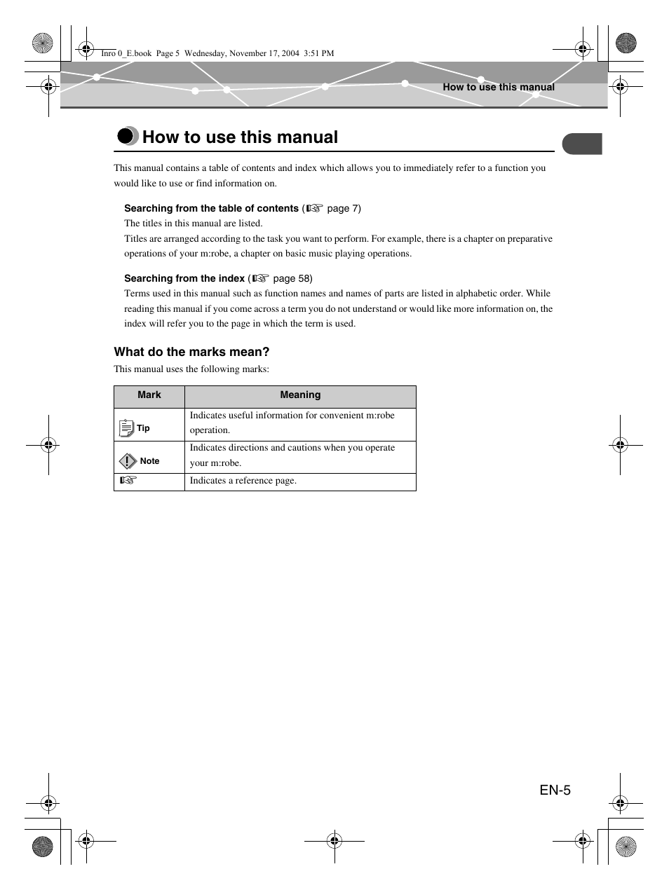 How to use this manual, En-5 | Olympus m:robe MR-100 User Manual | Page 5 / 180