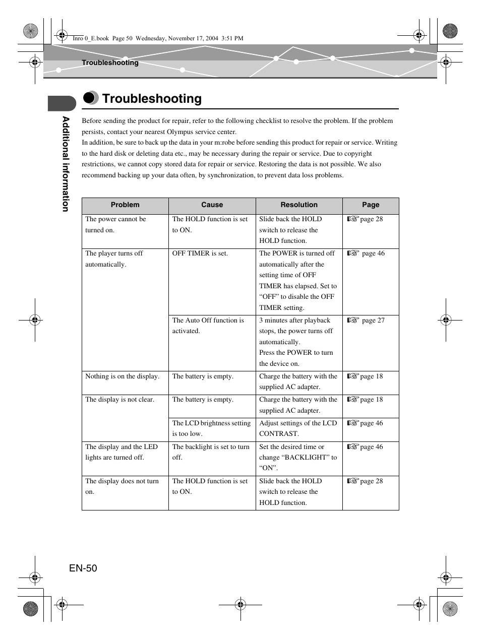 Troubleshooting, En-50 | Olympus m:robe MR-100 User Manual | Page 50 / 180