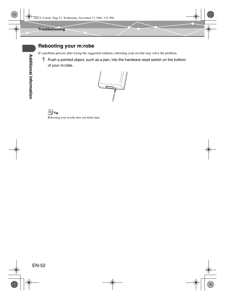 Rebooting your m:robe | Olympus m:robe MR-100 User Manual | Page 52 / 180