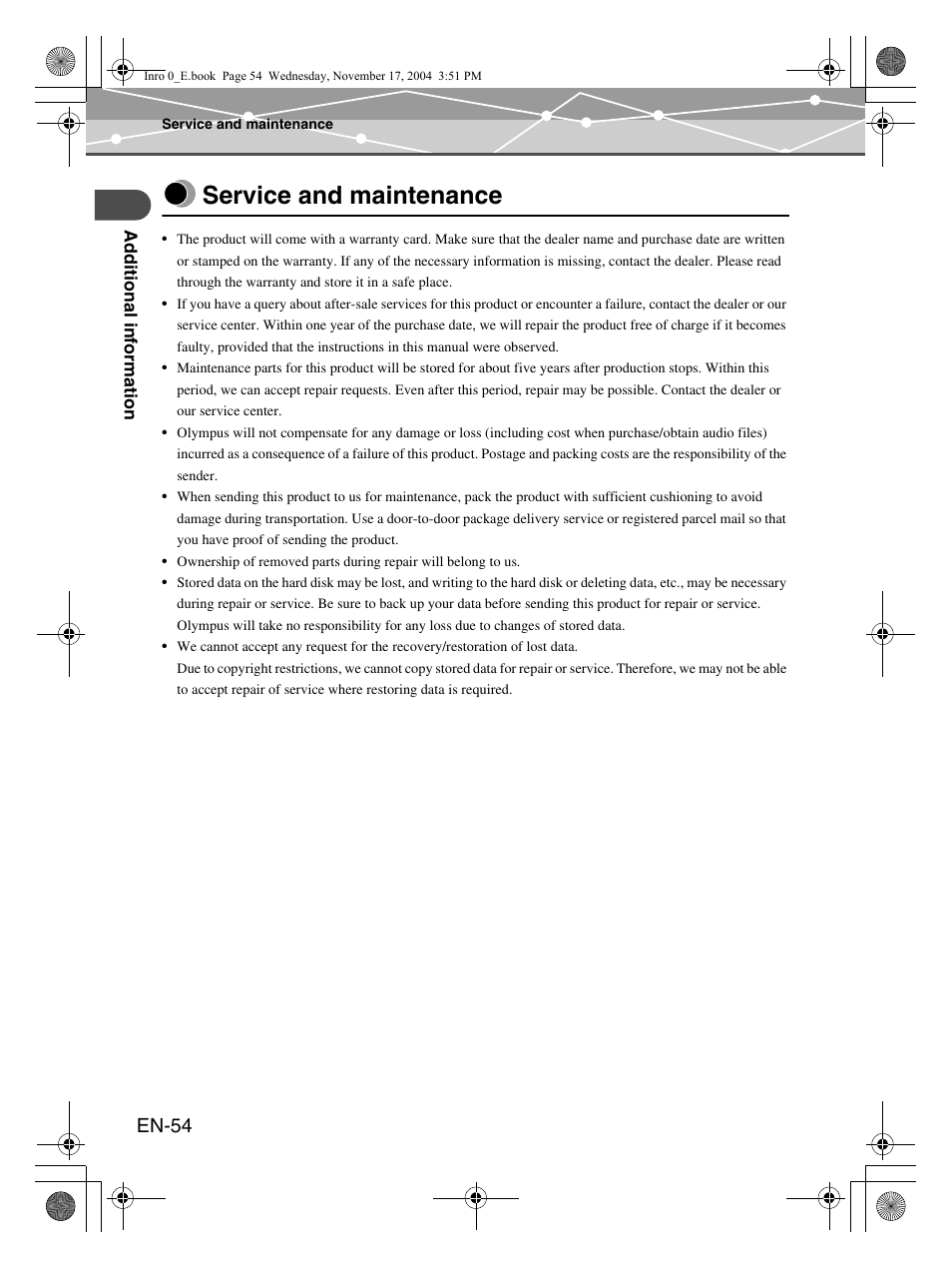 Service and maintenance, En-54 | Olympus m:robe MR-100 User Manual | Page 54 / 180