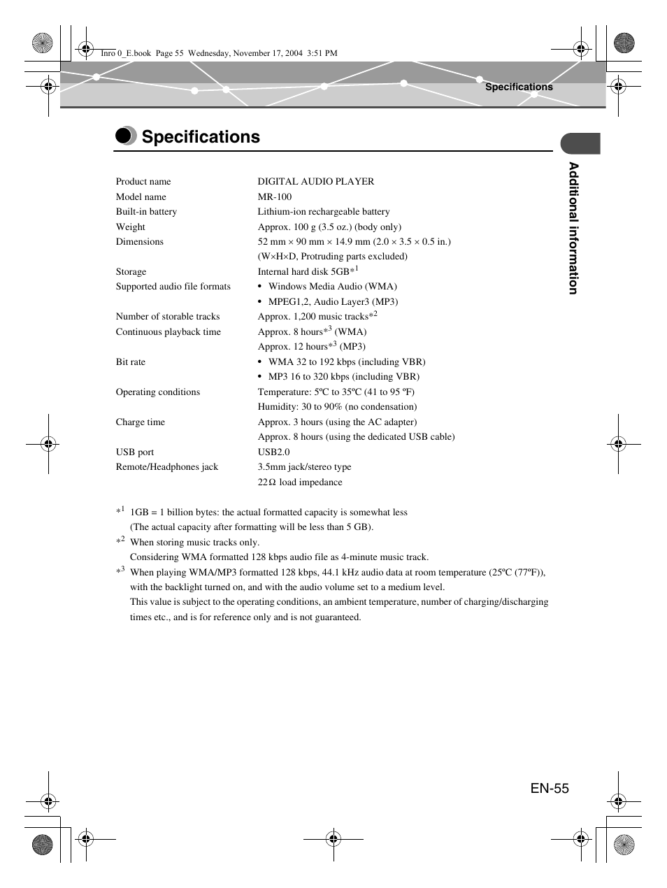Specifications, En-55 | Olympus m:robe MR-100 User Manual | Page 55 / 180