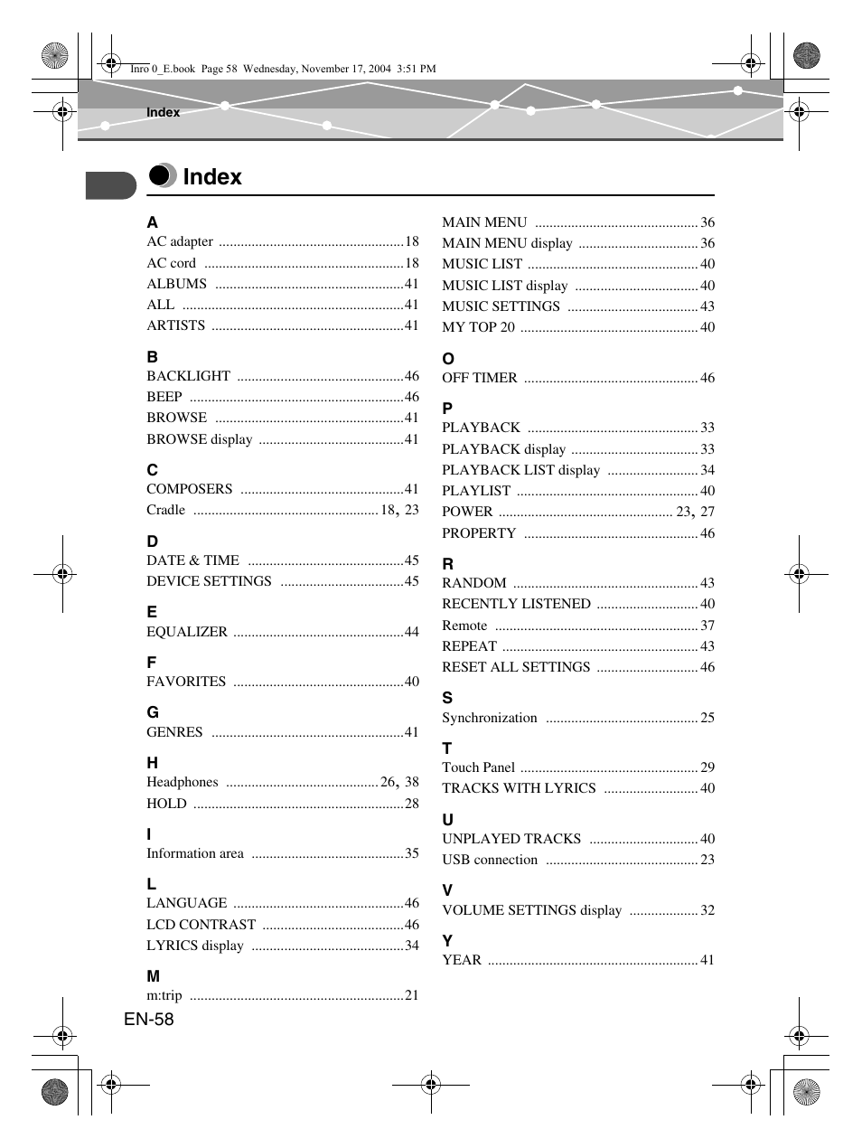 Index | Olympus m:robe MR-100 User Manual | Page 58 / 180