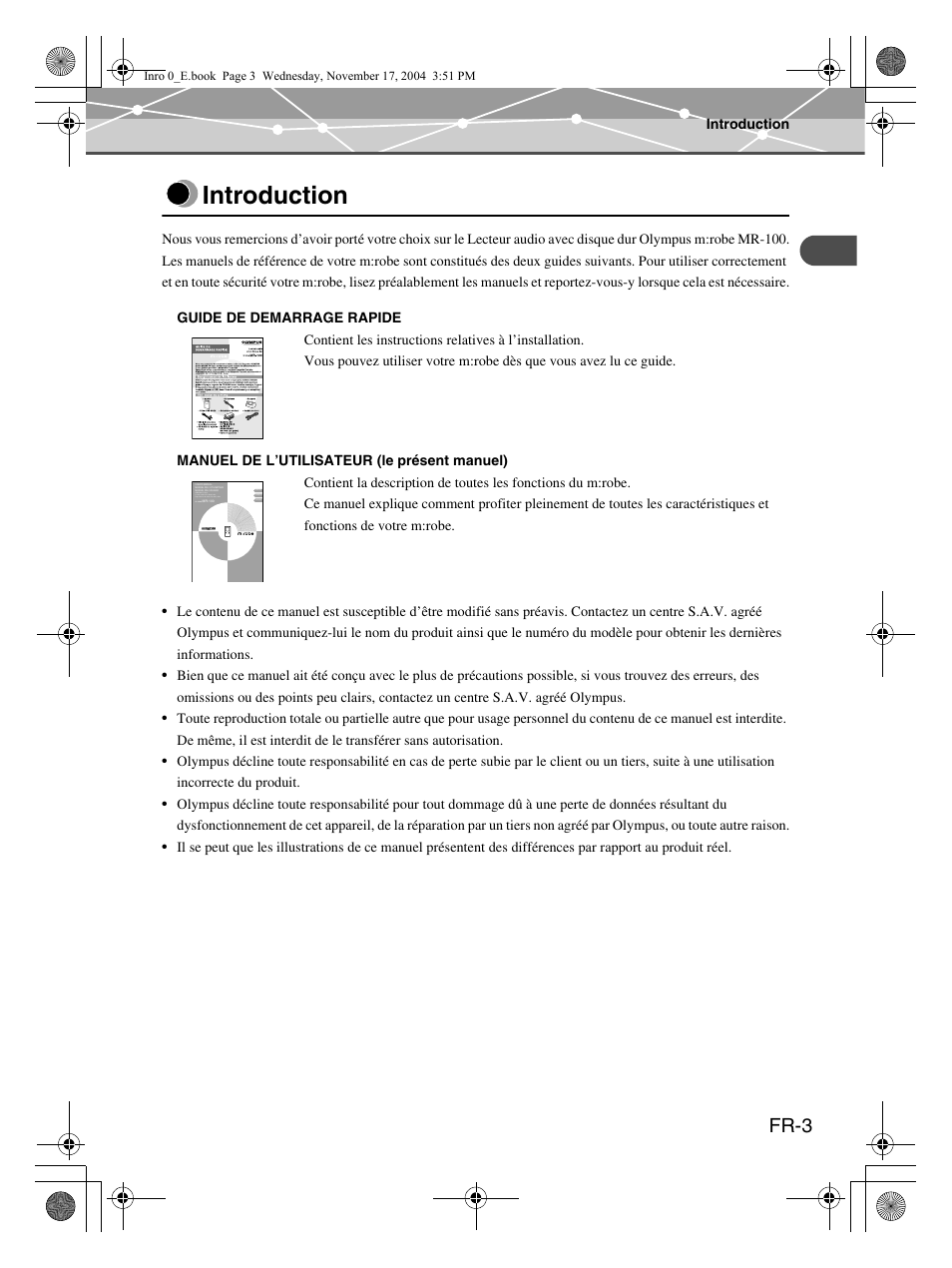 Introduction, Fr-3 | Olympus m:robe MR-100 User Manual | Page 61 / 180