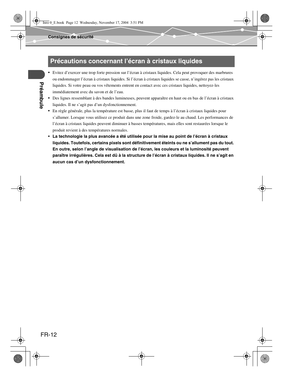 Précautions concernant l’écran à cristaux liquides, Fr-12 | Olympus m:robe MR-100 User Manual | Page 70 / 180