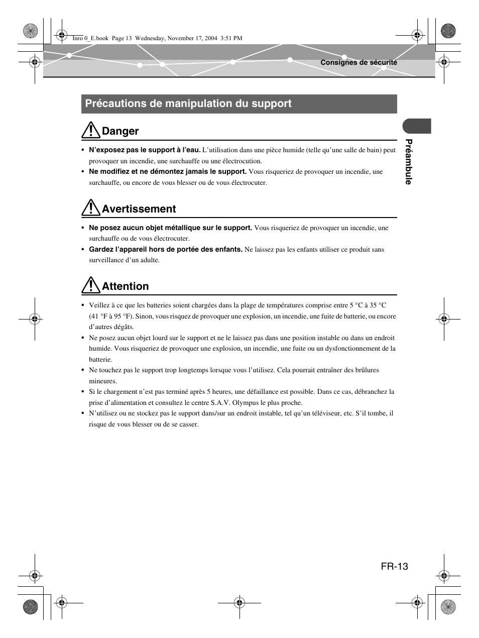 Danger, Avertissement, Attention | Précautions de manipulation du support, Fr-13 | Olympus m:robe MR-100 User Manual | Page 71 / 180