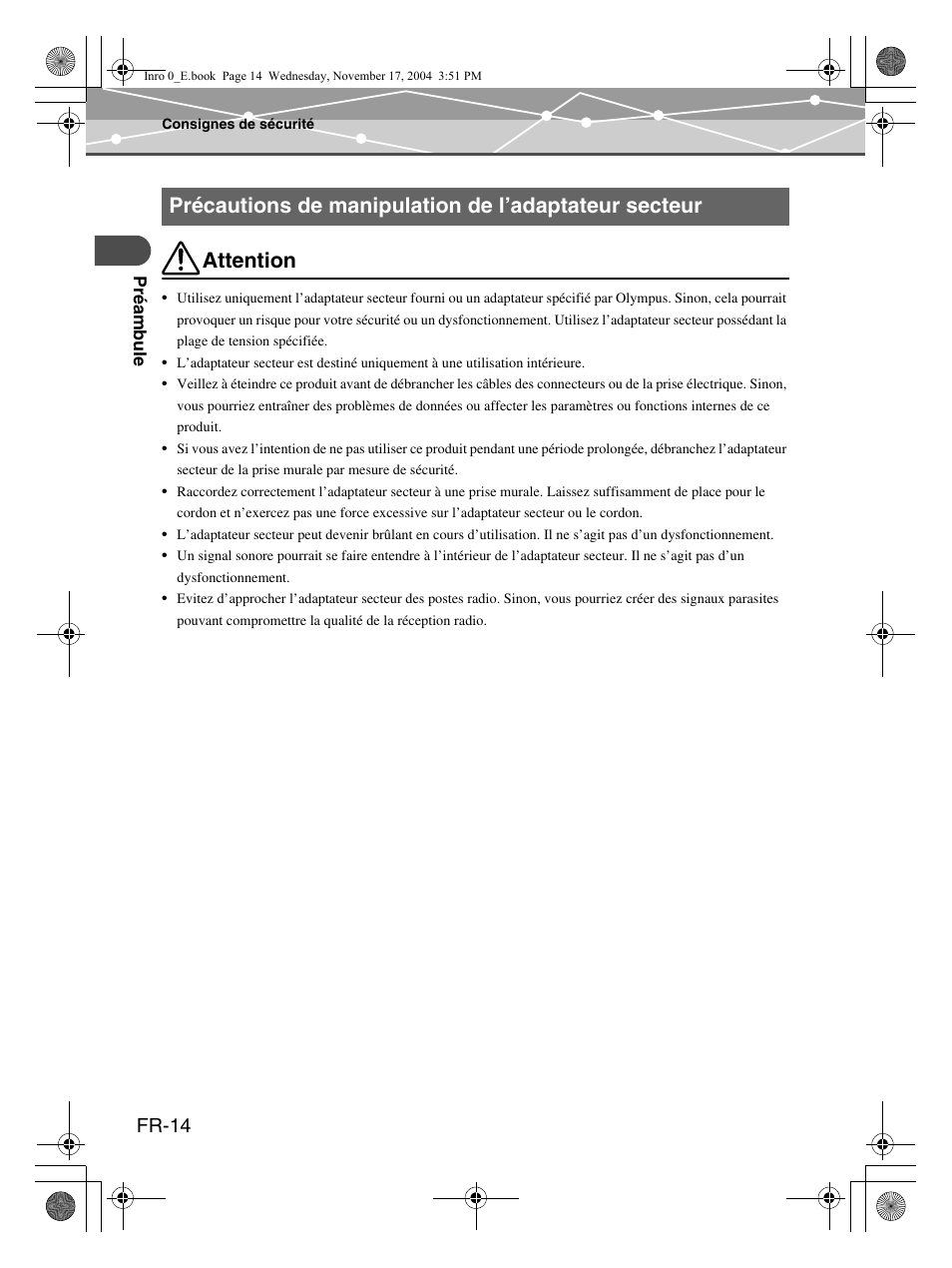 Attention, Fr-14 | Olympus m:robe MR-100 User Manual | Page 72 / 180