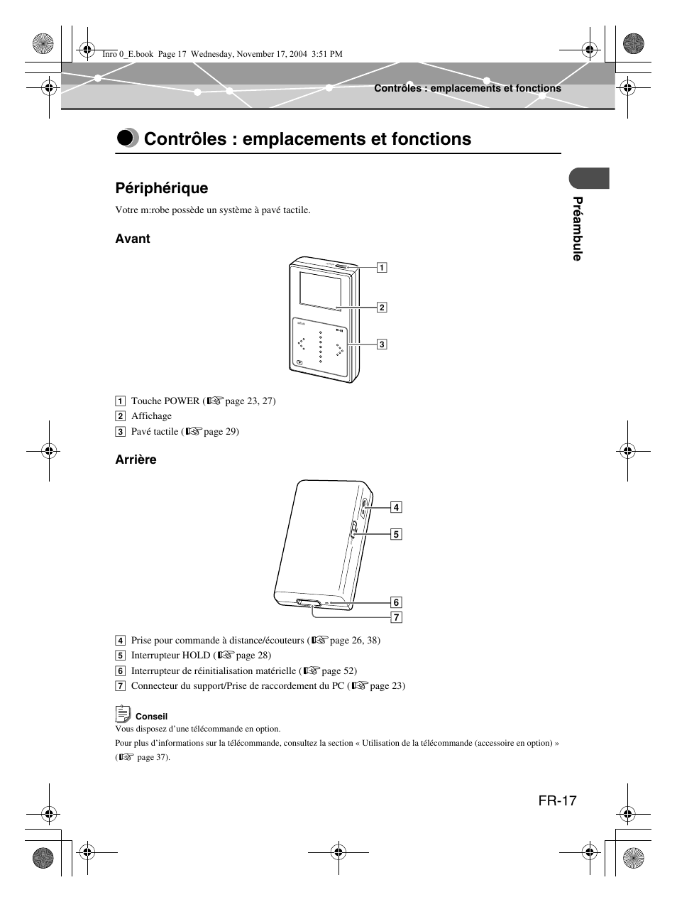 Contrôles : emplacements et fonctions, Périphérique, Fr-17 | Préa mbule, Avant, Arrière | Olympus m:robe MR-100 User Manual | Page 75 / 180