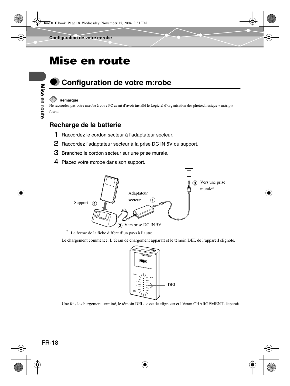 Mise en route, Configuration de votre m:robe, Recharge de la batterie 1 | Fr-18 | Olympus m:robe MR-100 User Manual | Page 76 / 180