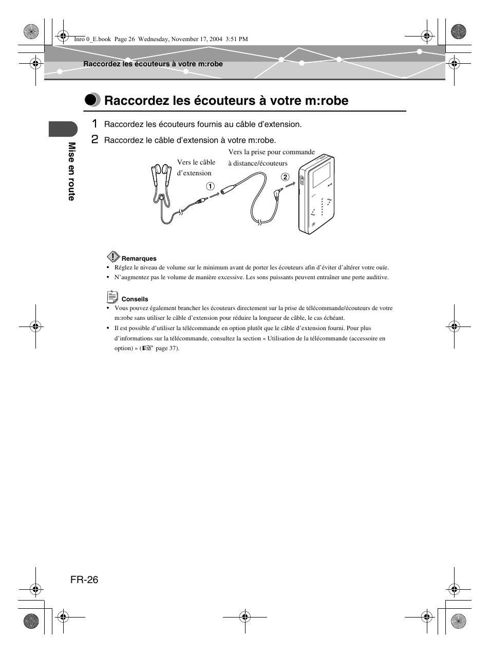 Raccordez les écouteurs à votre m:robe, Fr-26, Mise e n rout e | Olympus m:robe MR-100 User Manual | Page 84 / 180