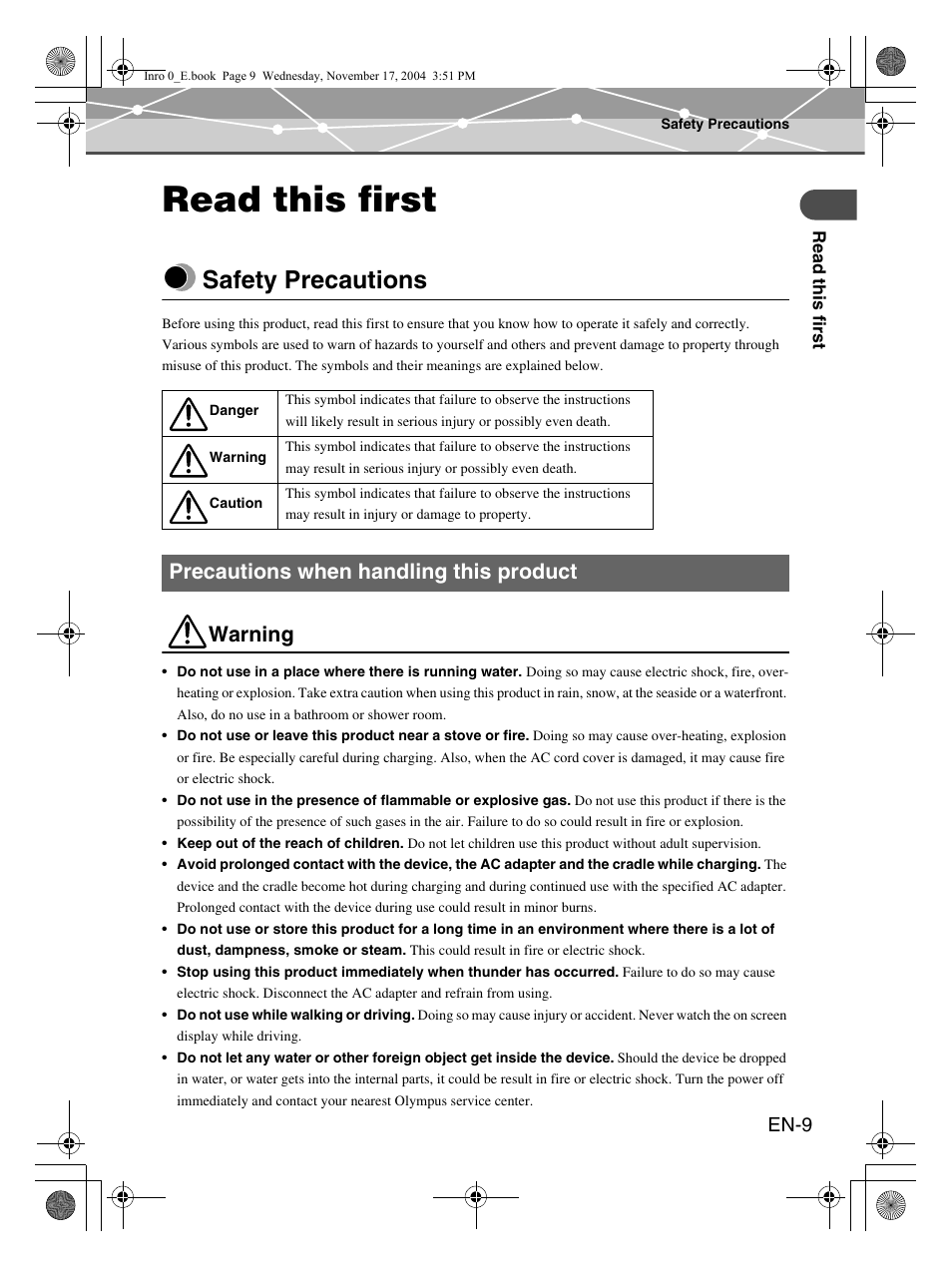 Read this first, Safety precautions, Warning | Precautions when handling this product, En-9 | Olympus m:robe MR-100 User Manual | Page 9 / 180