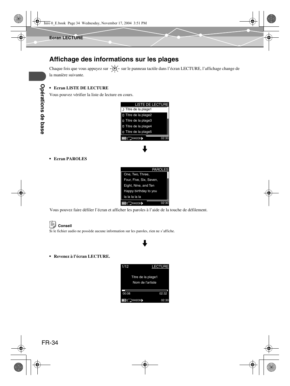 Affichage des informations sur les plages, Fr-34, Op éra tions d e bas e | Olympus m:robe MR-100 User Manual | Page 92 / 180