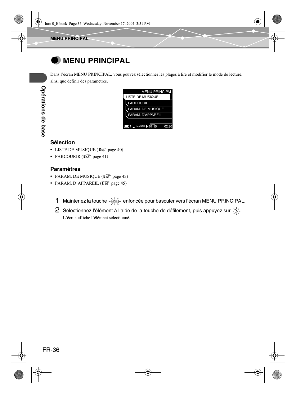 Menu principal, Fr-36 | Olympus m:robe MR-100 User Manual | Page 94 / 180