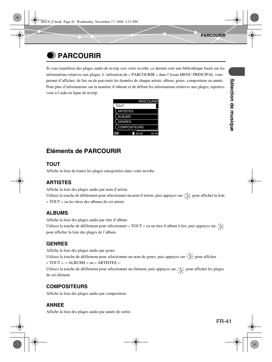 Parcourir, Eléments de parcourir, Fr-41 | Olympus m:robe MR-100 User Manual | Page 99 / 180