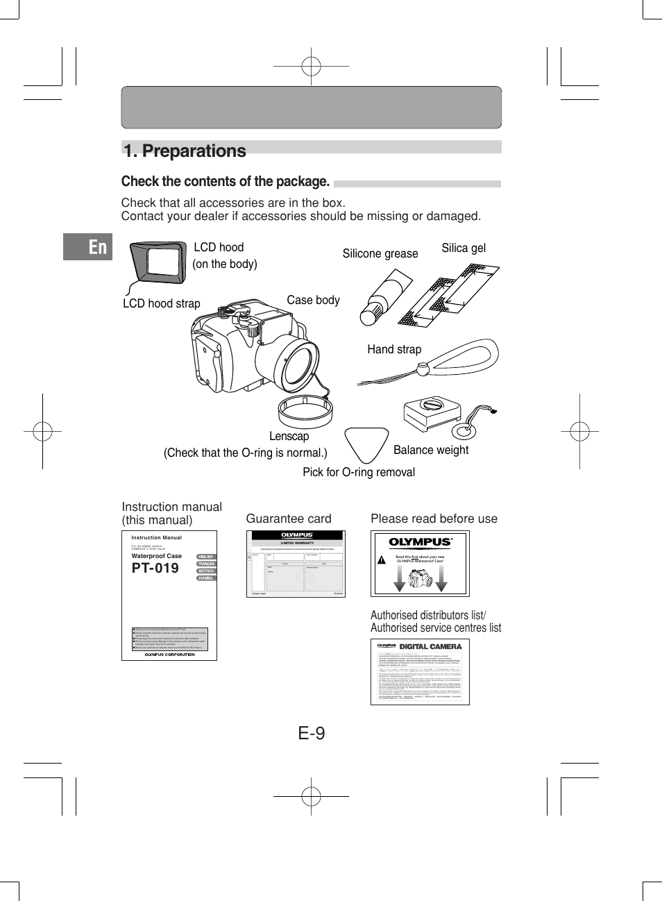 E-9 1. preparations, Check the contents of the package, Pt-019 | Olympus PT-019 User Manual | Page 10 / 38