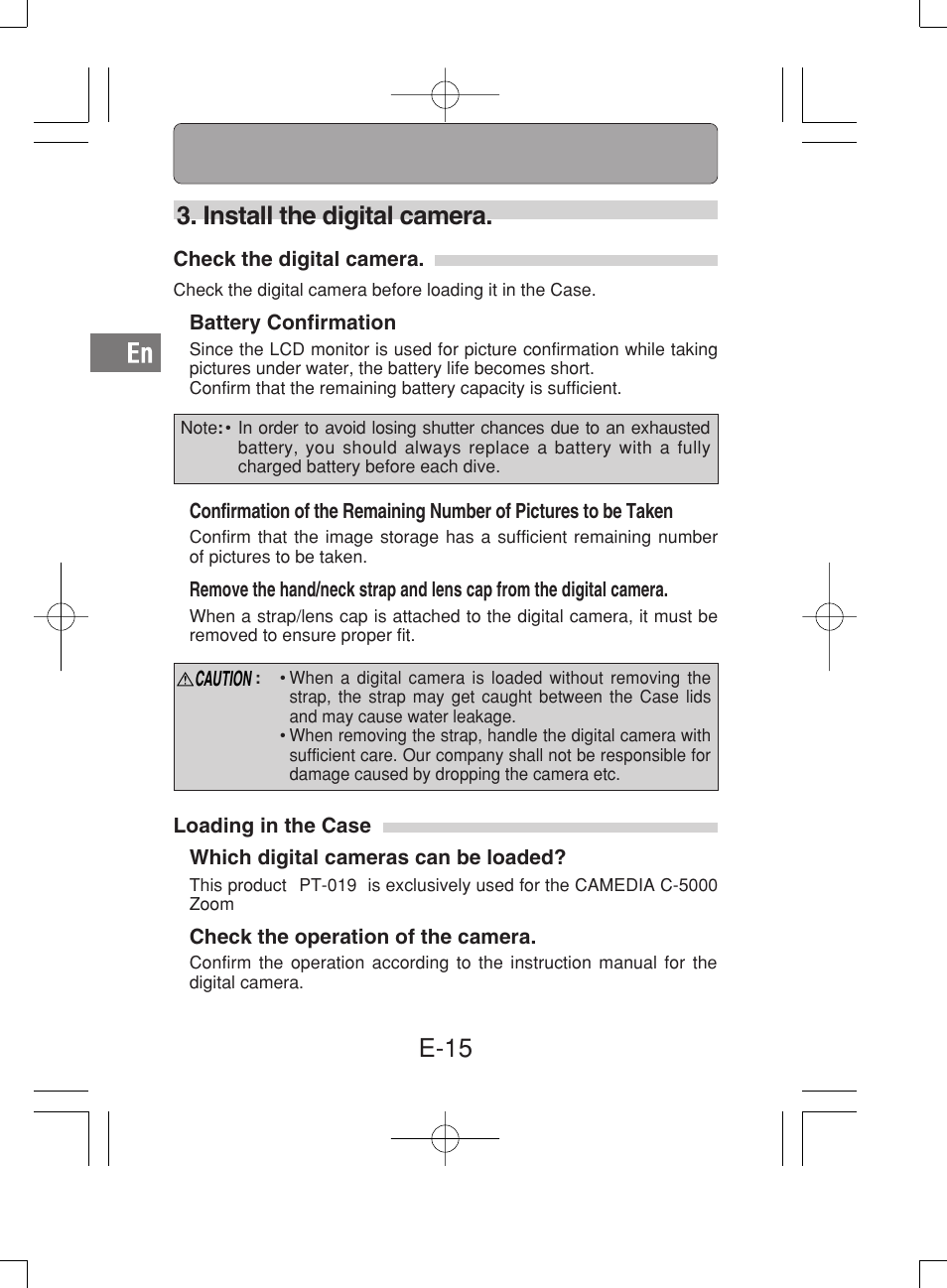 E-15 3. install the digital camera | Olympus PT-019 User Manual | Page 16 / 38