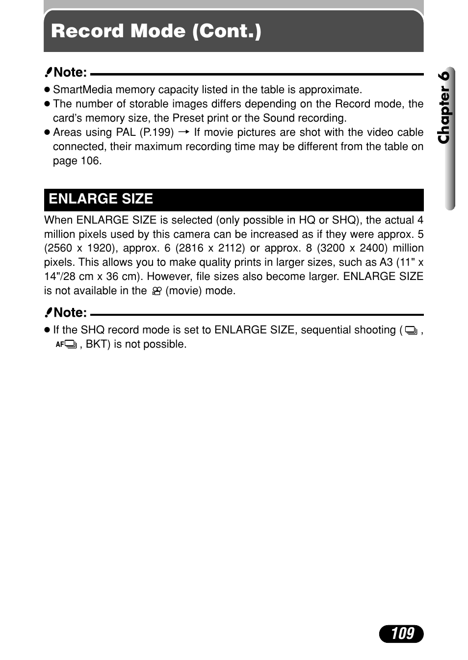 Enlarge size 109, Record mode (cont.) | Olympus C-40Zoom User Manual | Page 109 / 203