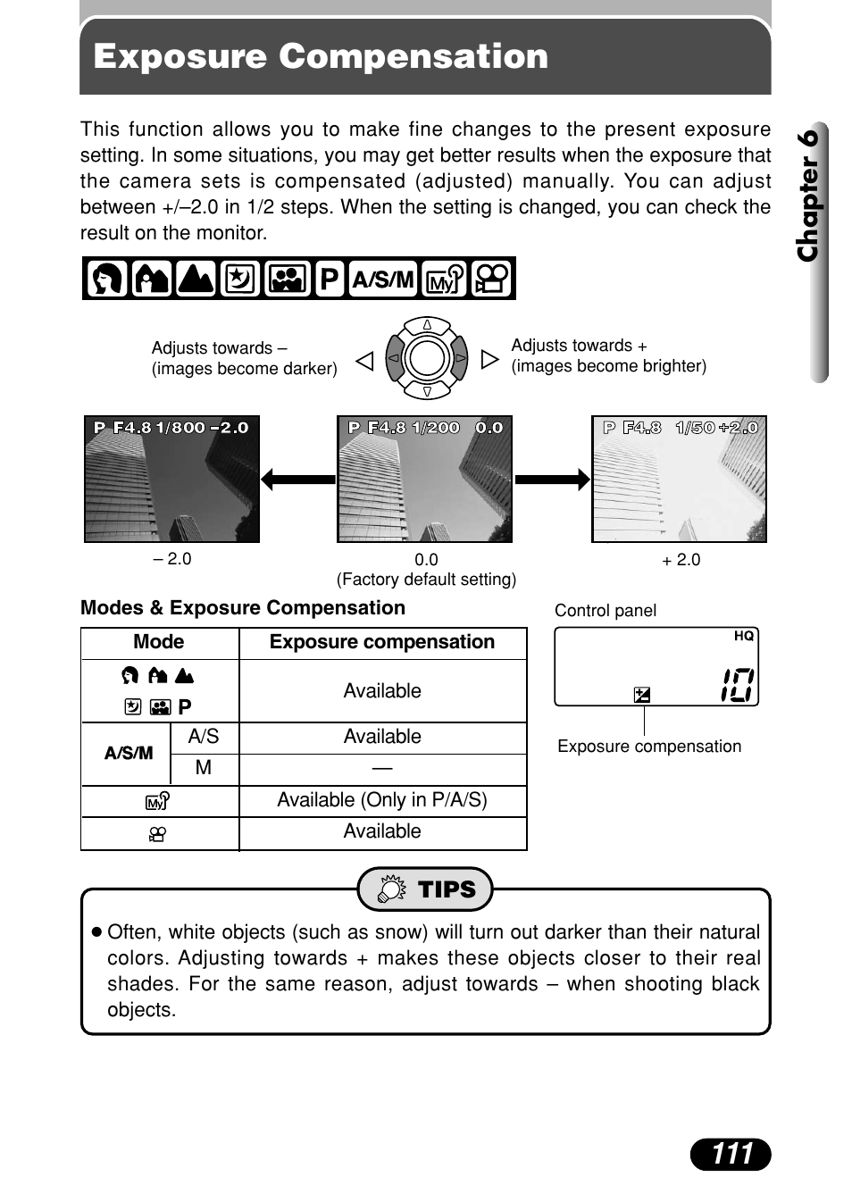 Exposure compensation, Chapter 6 | Olympus C-40Zoom User Manual | Page 111 / 203