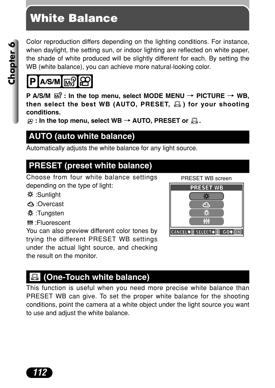 White balance, One-touch white balance) 112, Chapter 6 | Auto (auto white balance), Preset (preset white balance), One-touch white balance) | Olympus C-40Zoom User Manual | Page 112 / 203