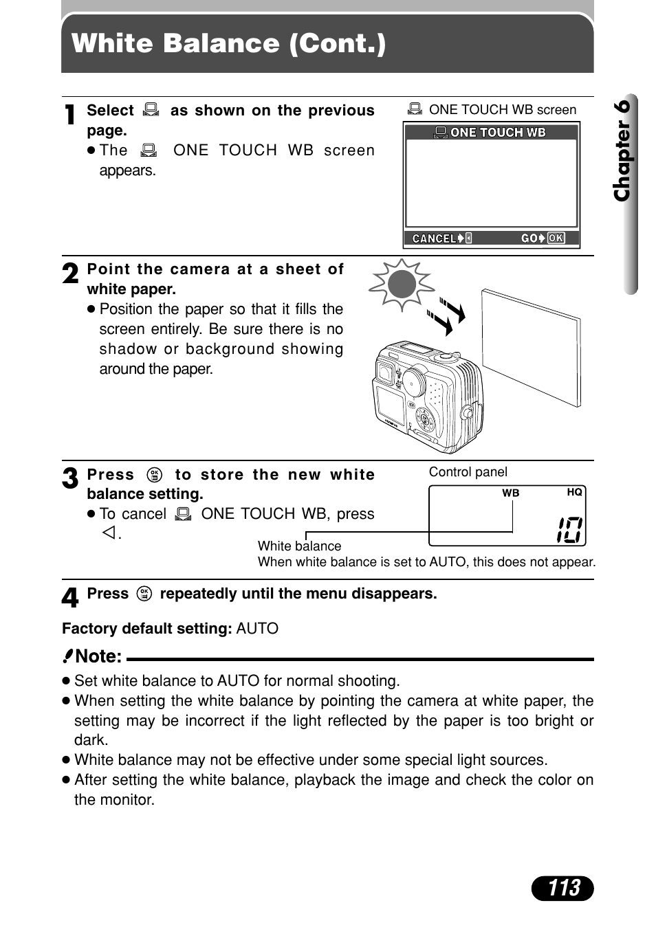 White balance (cont.), Chapter 6 | Olympus C-40Zoom User Manual | Page 113 / 203