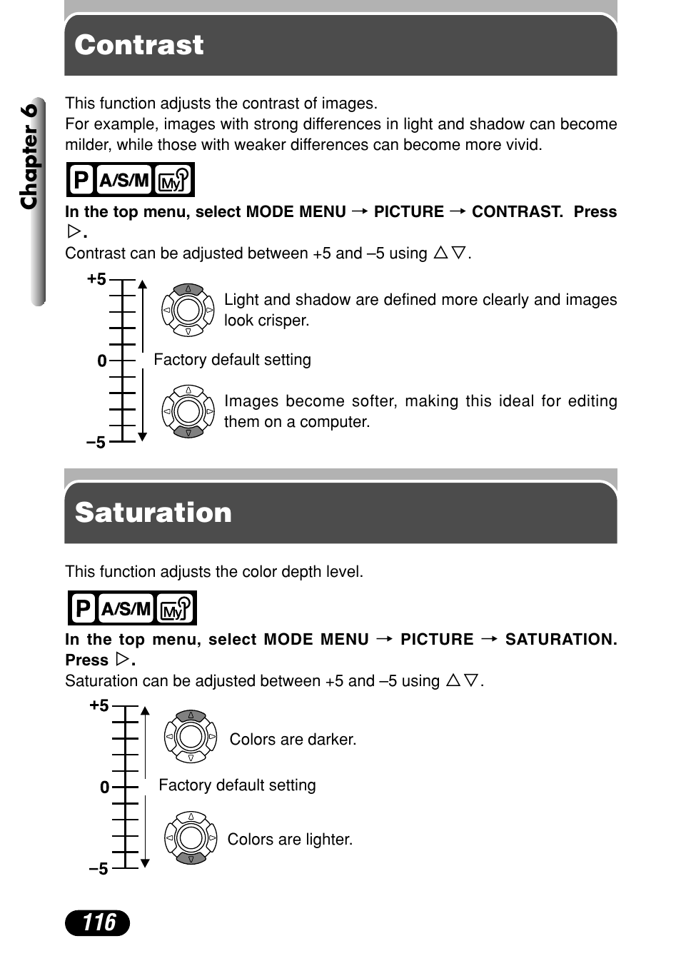 Contrast, Saturation, Contrast saturation | Olympus C-40Zoom User Manual | Page 116 / 203