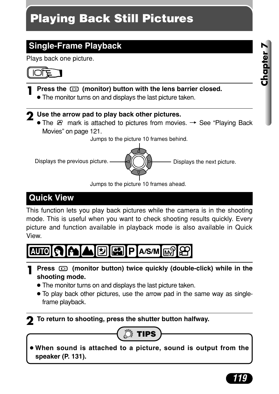 Playing back still pictures, Single-frame playback 119 quick view 119, Playing back still pictures 1 | Olympus C-40Zoom User Manual | Page 119 / 203