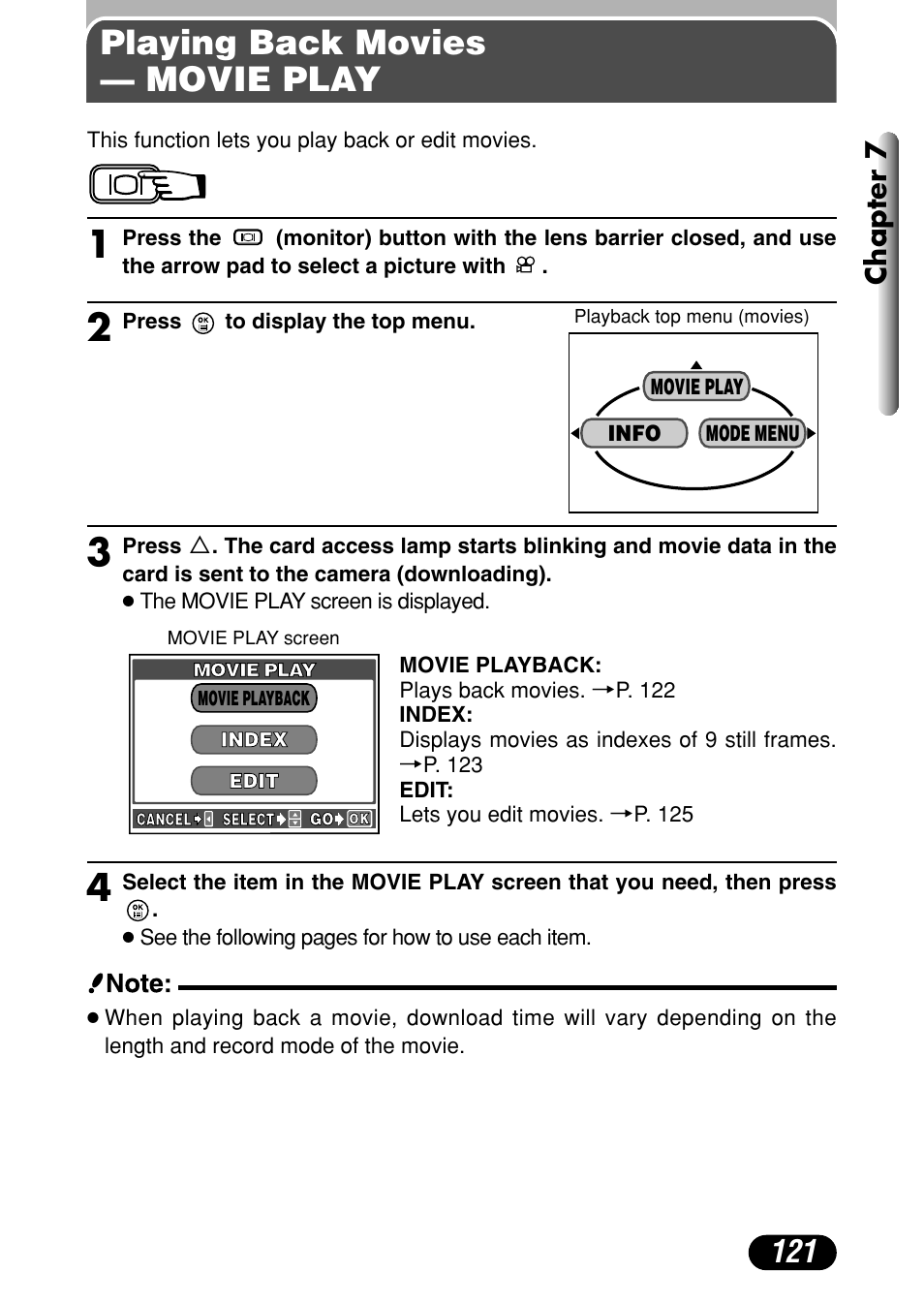 Playing back movies — movie play, Chapter 7 | Olympus C-40Zoom User Manual | Page 121 / 203