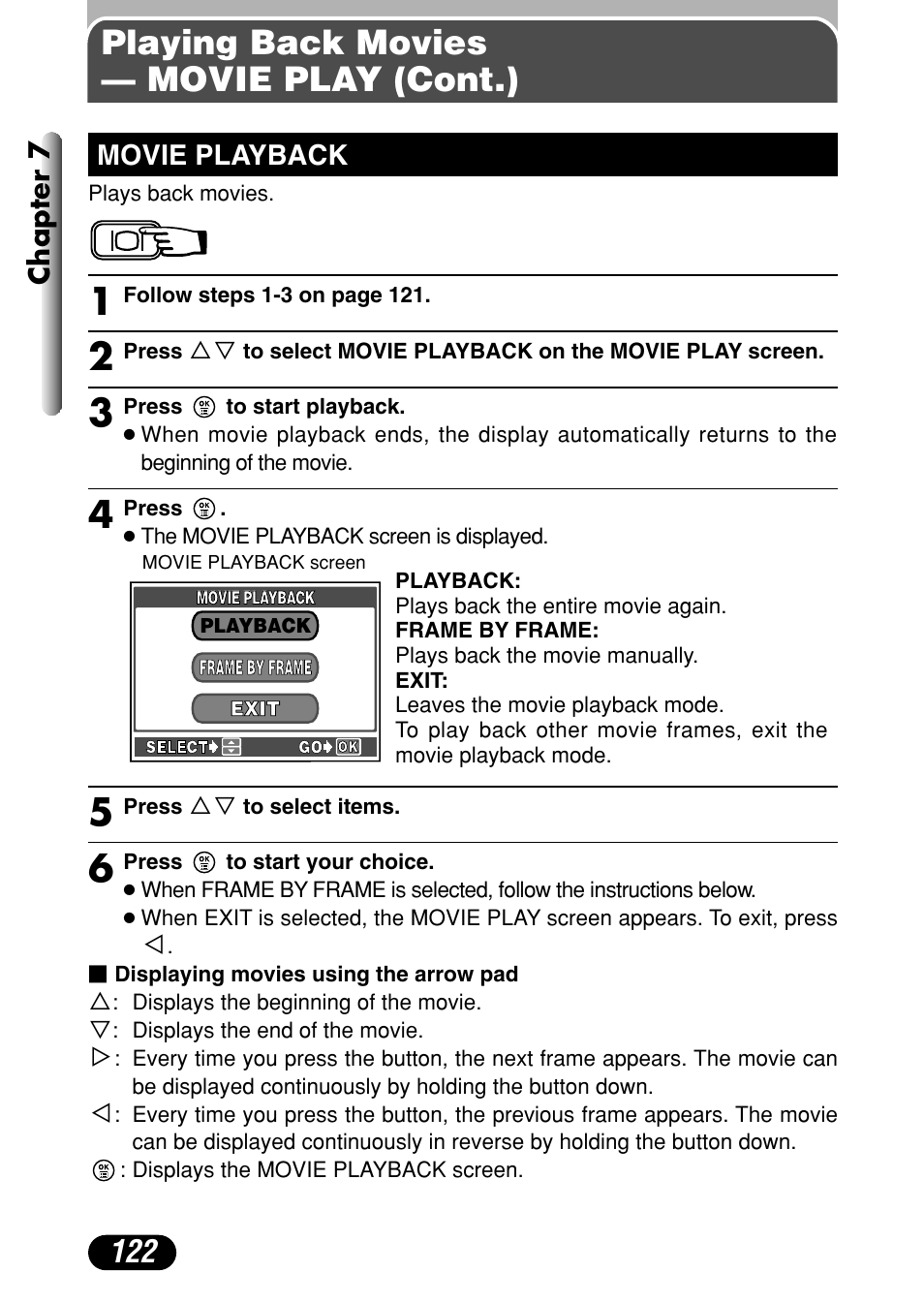 Movie playback 122, Playing back movies — movie play (cont.) | Olympus C-40Zoom User Manual | Page 122 / 203