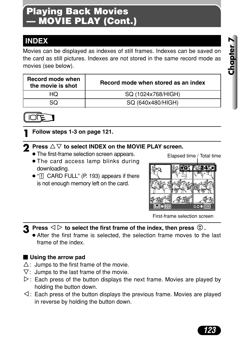 Index 123, Playing back movies — movie play (cont.), Chapter 7 | Index | Olympus C-40Zoom User Manual | Page 123 / 203