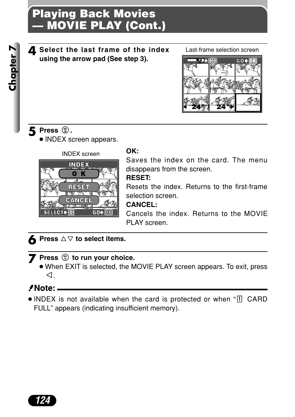 Playing back movies — movie play (cont.), Chapter 7 | Olympus C-40Zoom User Manual | Page 124 / 203