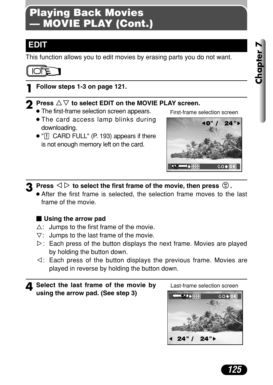 Edit 125, Playing back movies — movie play (cont.), Chapter 7 | Edit | Olympus C-40Zoom User Manual | Page 125 / 203