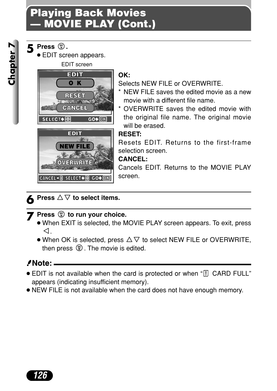 Playing back movies — movie play (cont.), Chapter 7 | Olympus C-40Zoom User Manual | Page 126 / 203