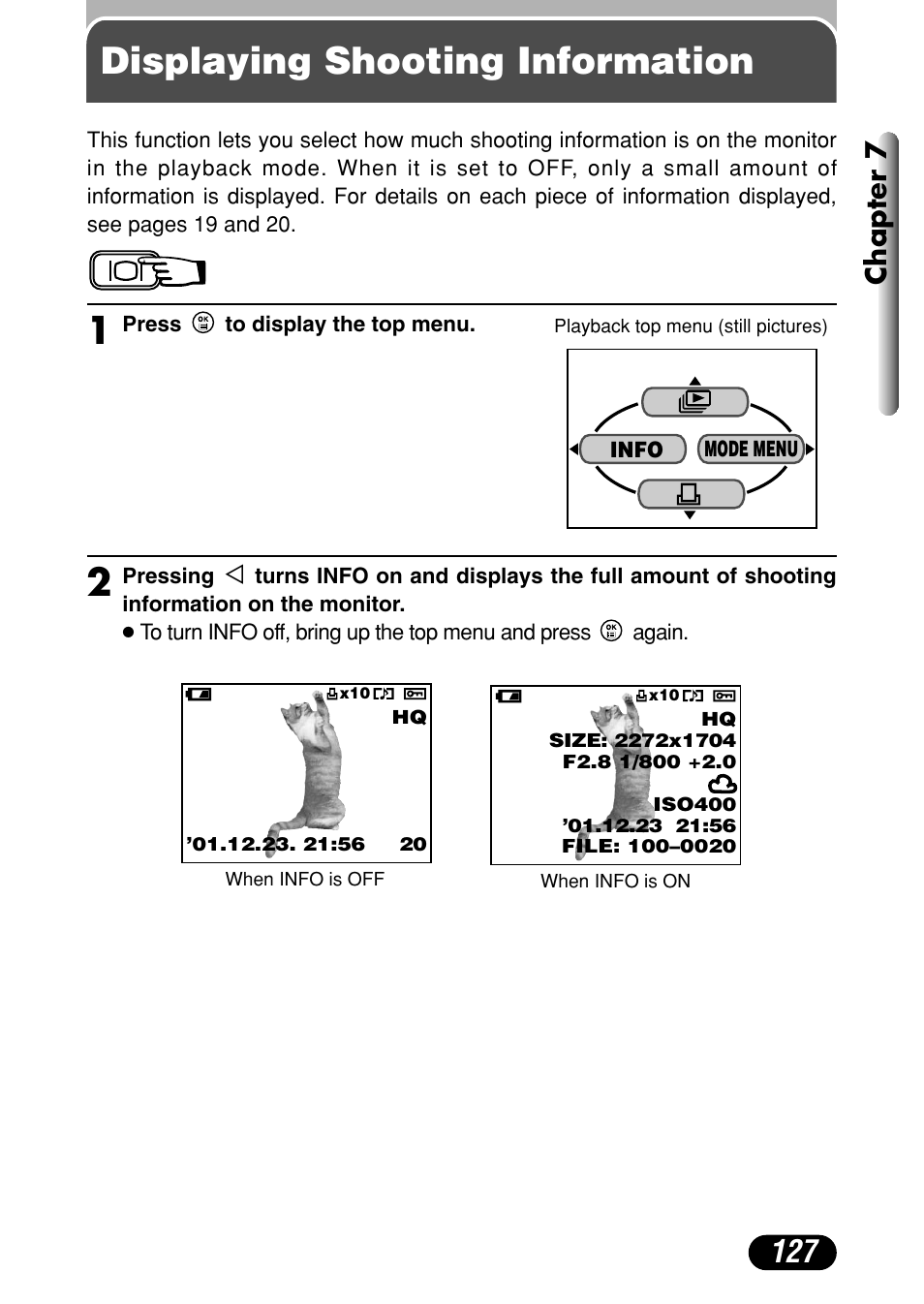 Displaying shooting information, Chapter 7 | Olympus C-40Zoom User Manual | Page 127 / 203