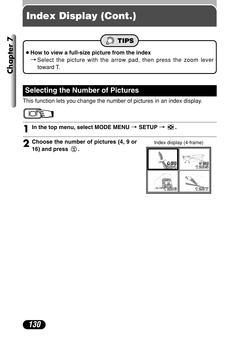 Selecting the number of pictures 130, Index display (cont.) | Olympus C-40Zoom User Manual | Page 130 / 203