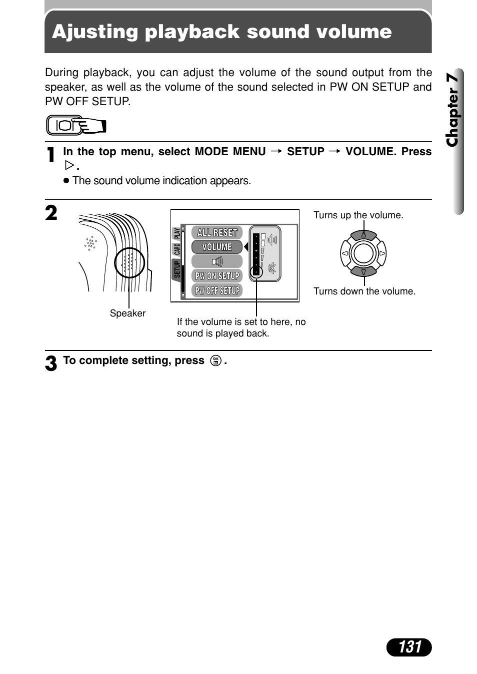 Ajusting playback sound volume, Adjusting playback sound volume, Chapter 7 | Olympus C-40Zoom User Manual | Page 131 / 203