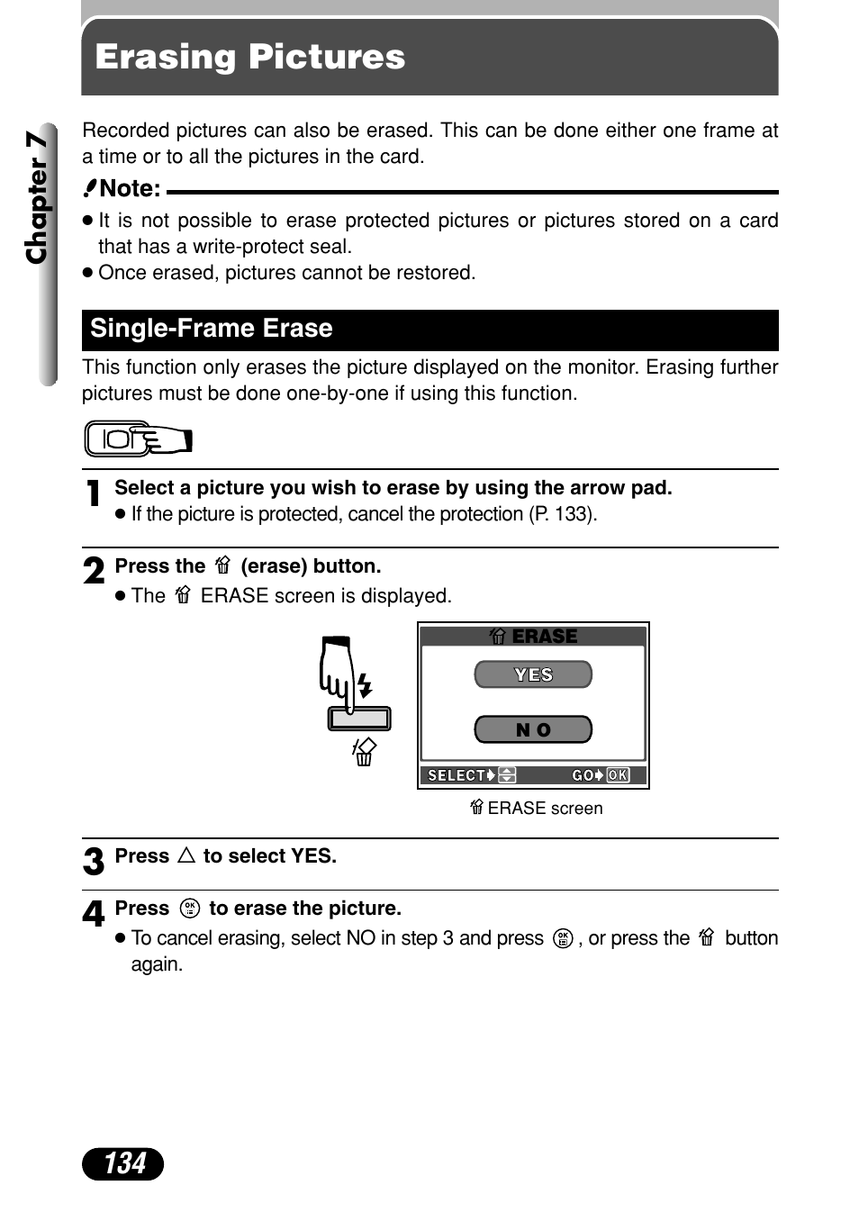 Erasing pictures, Single-frame erase 134, Chapter 7 | Single-frame erase | Olympus C-40Zoom User Manual | Page 134 / 203