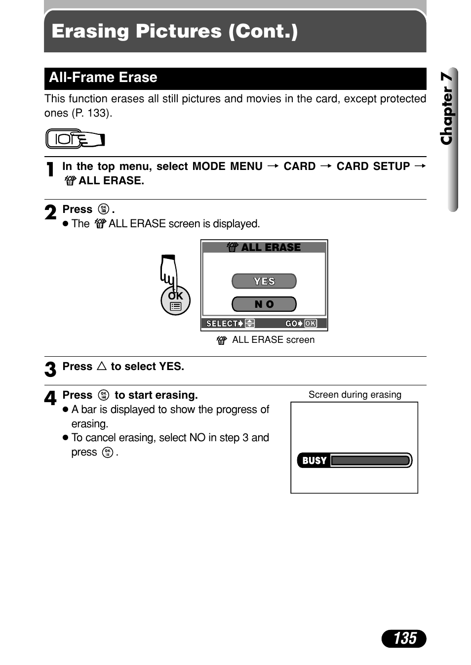 All-frame erase 135, Erasing pictures (cont.) 1, Chapter 7 | All-frame erase | Olympus C-40Zoom User Manual | Page 135 / 203