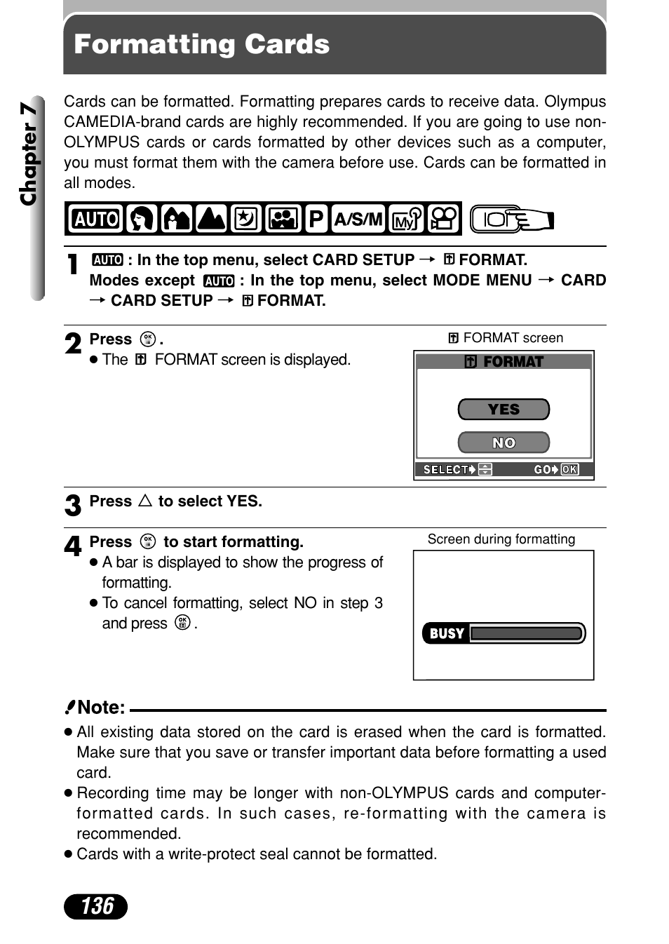 Formatting cards, Chapter 7 | Olympus C-40Zoom User Manual | Page 136 / 203