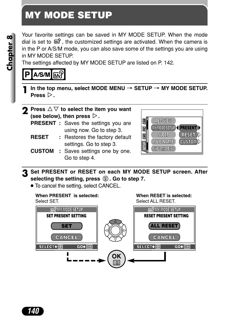 My mode setup, My mode setup 1, Chapter 8 | Olympus C-40Zoom User Manual | Page 140 / 203