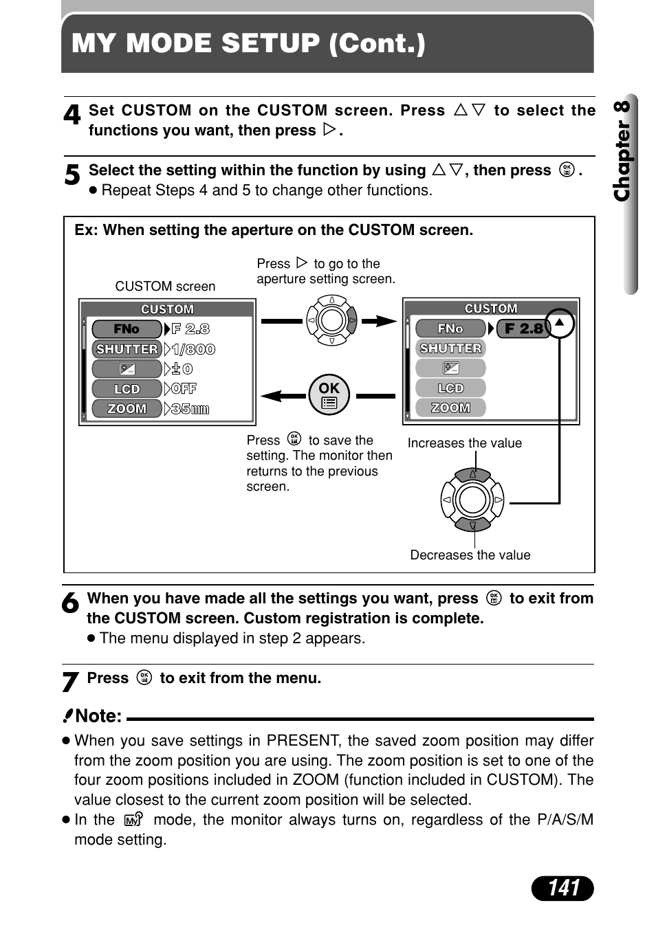 My mode setup (cont.), Chapter 8 | Olympus C-40Zoom User Manual | Page 141 / 203