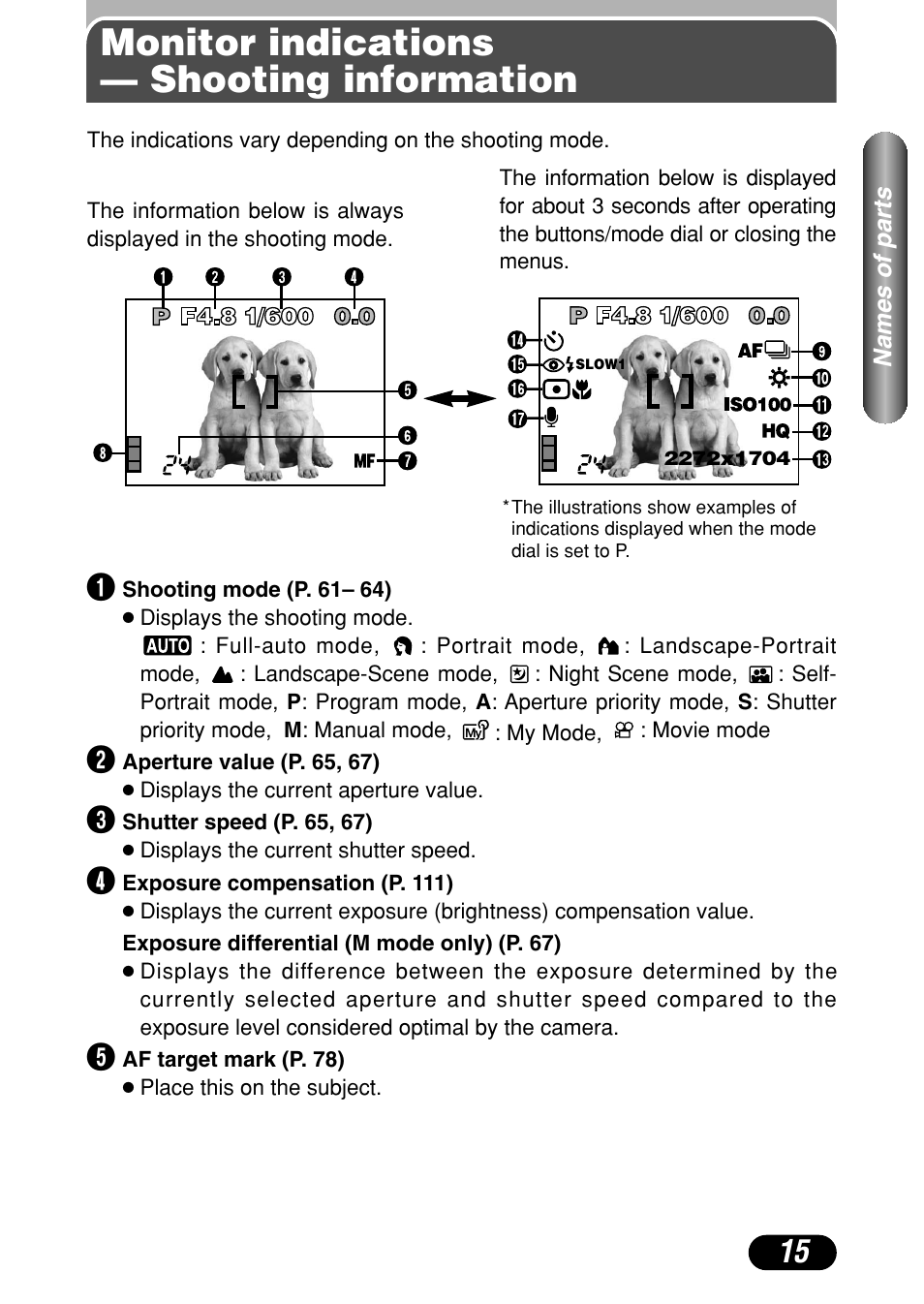 Monitor indications — shooting information, Monitor indications — shooting information 15 | Olympus C-40Zoom User Manual | Page 15 / 203