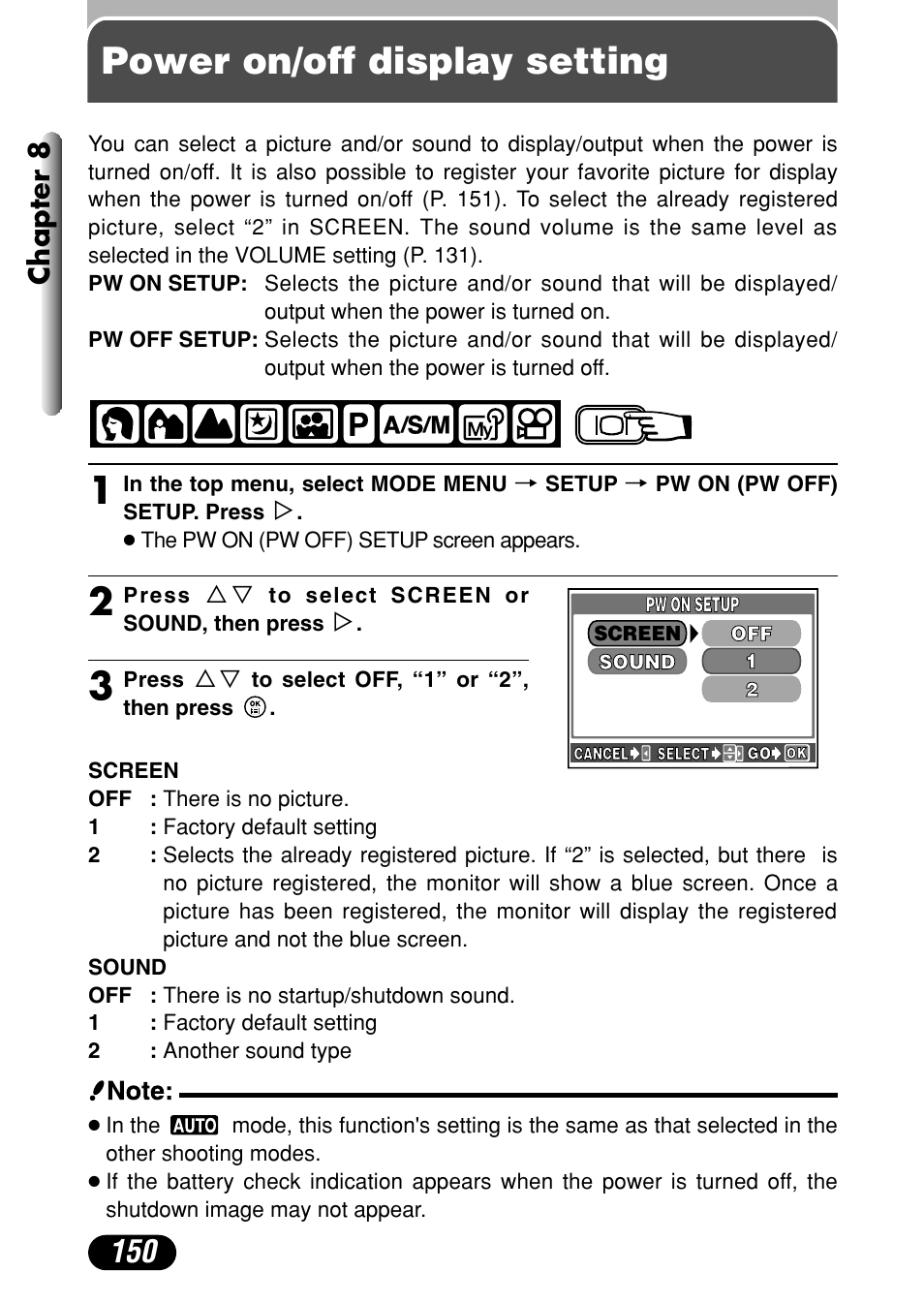 Power on/off display setting, Chapter 8 | Olympus C-40Zoom User Manual | Page 150 / 203