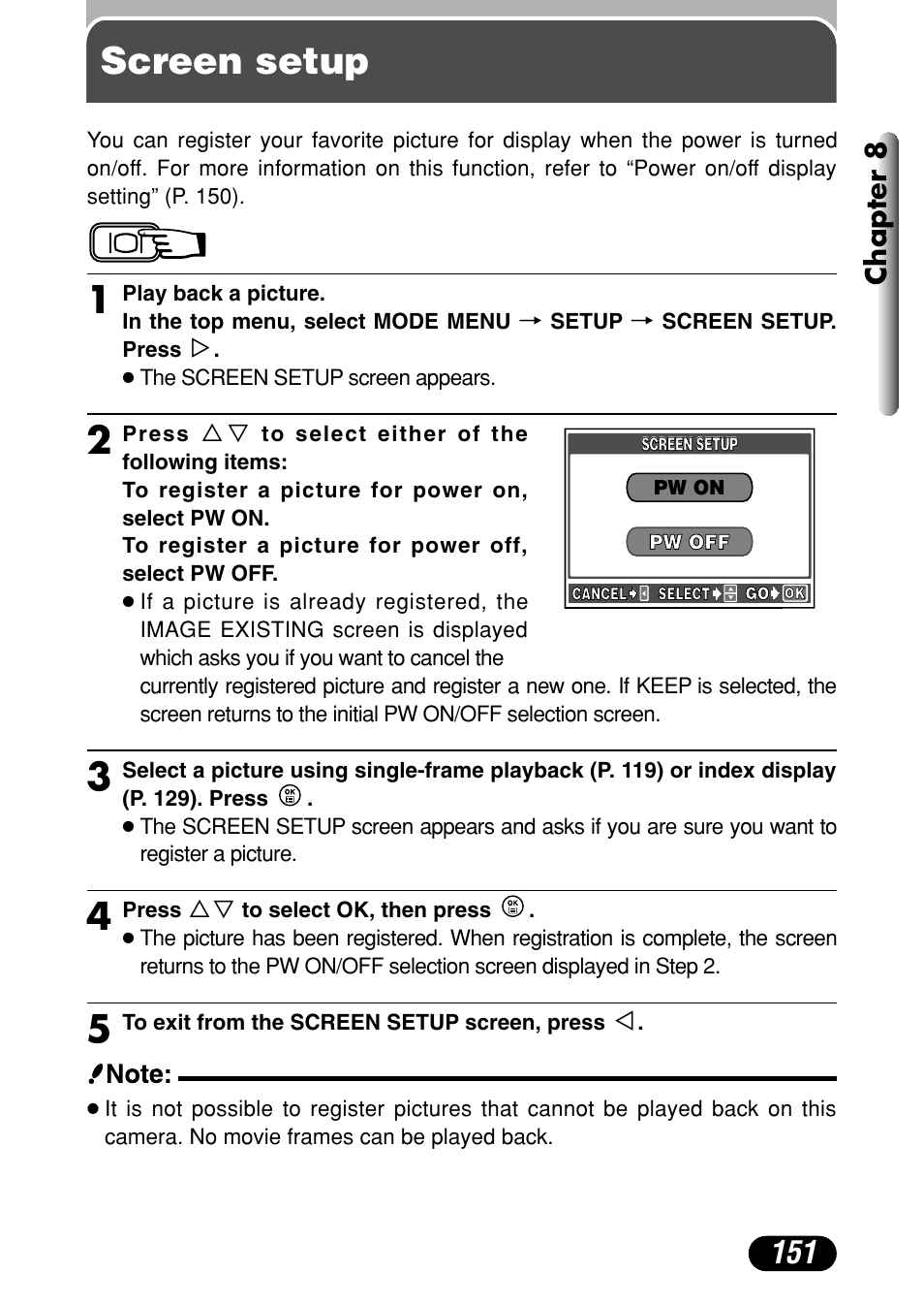 Screen setup, Chapter 8 | Olympus C-40Zoom User Manual | Page 151 / 203