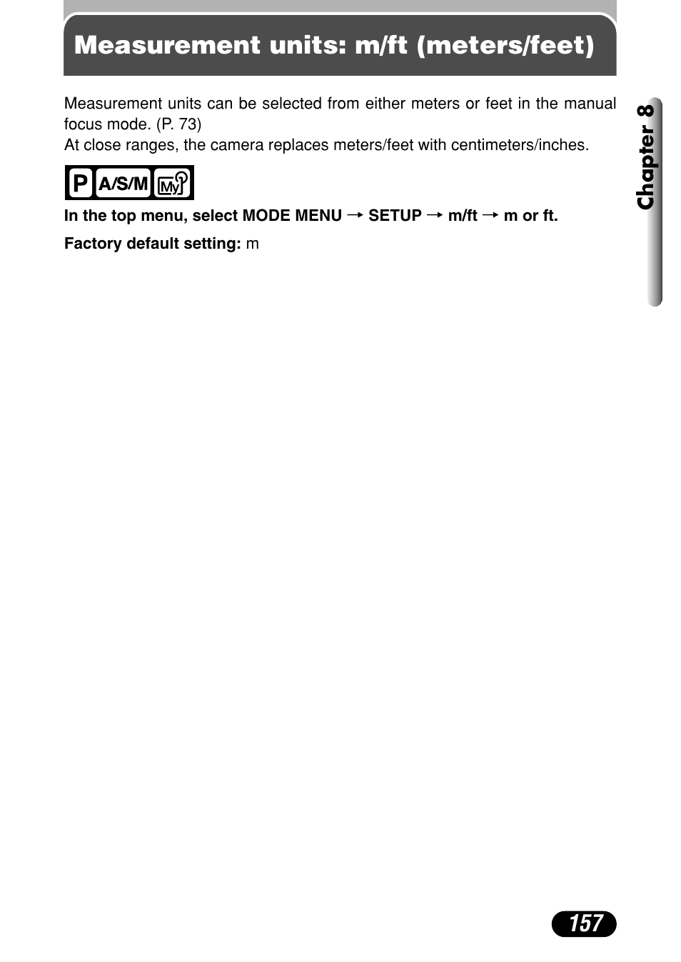 Measurement units: m/ft (meters/feet) | Olympus C-40Zoom User Manual | Page 157 / 203