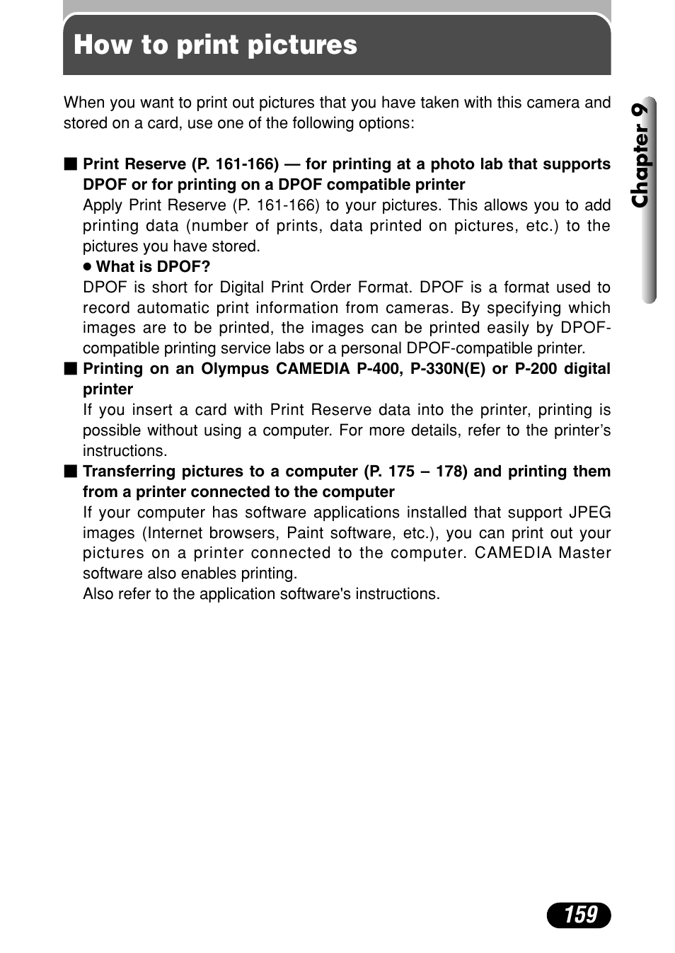 How to print pictures | Olympus C-40Zoom User Manual | Page 159 / 203